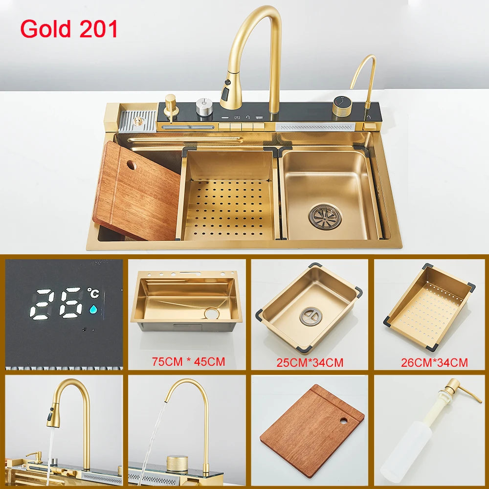 Waterfall Kitchen Sink With Digital Display 304 Stainless Steel