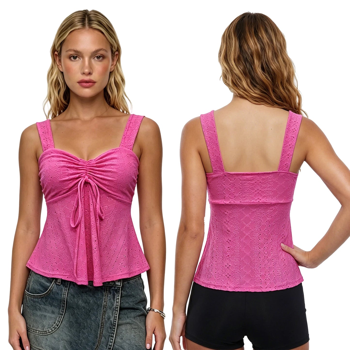 XBTCLXEBCO Drawstring Ruched Eyelet Embroidery Women's Tank Top