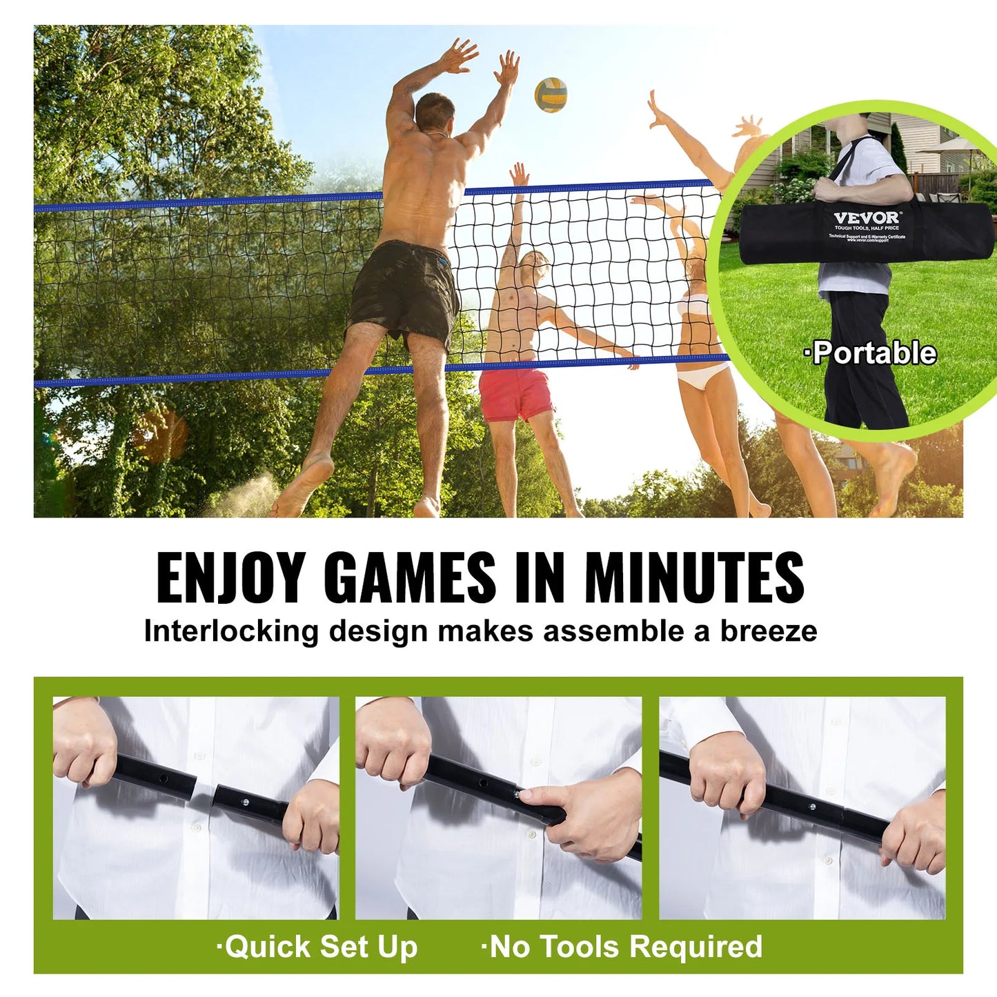 Outdoor Volleyball Net System With Adjustable Poles And Pump