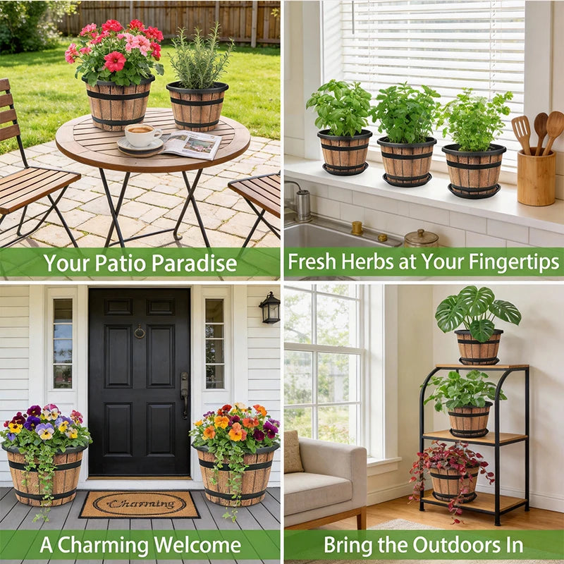 Resin Barrel Planter Indoor Outdoor Balcony Garden Decor