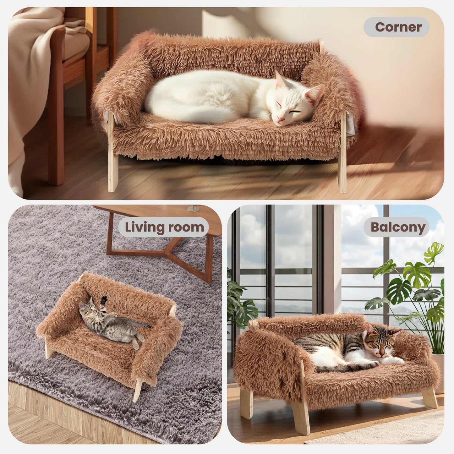 Raised Plush Cat Sofa Bed With Sturdy Wooden Legs Cozy