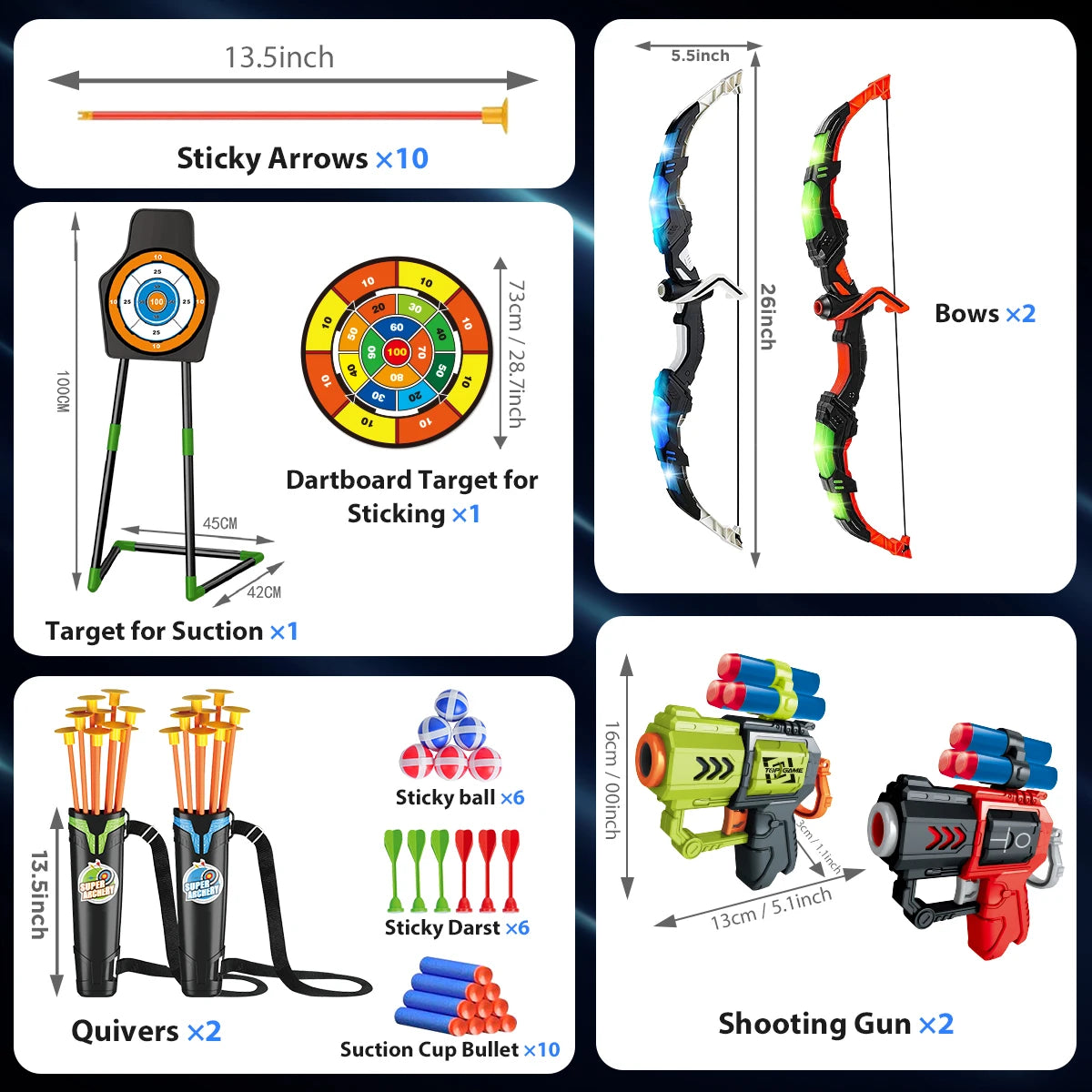 VATOS 2X Bow Arrow Gun Toy Set For Kids Night Light Archery Target