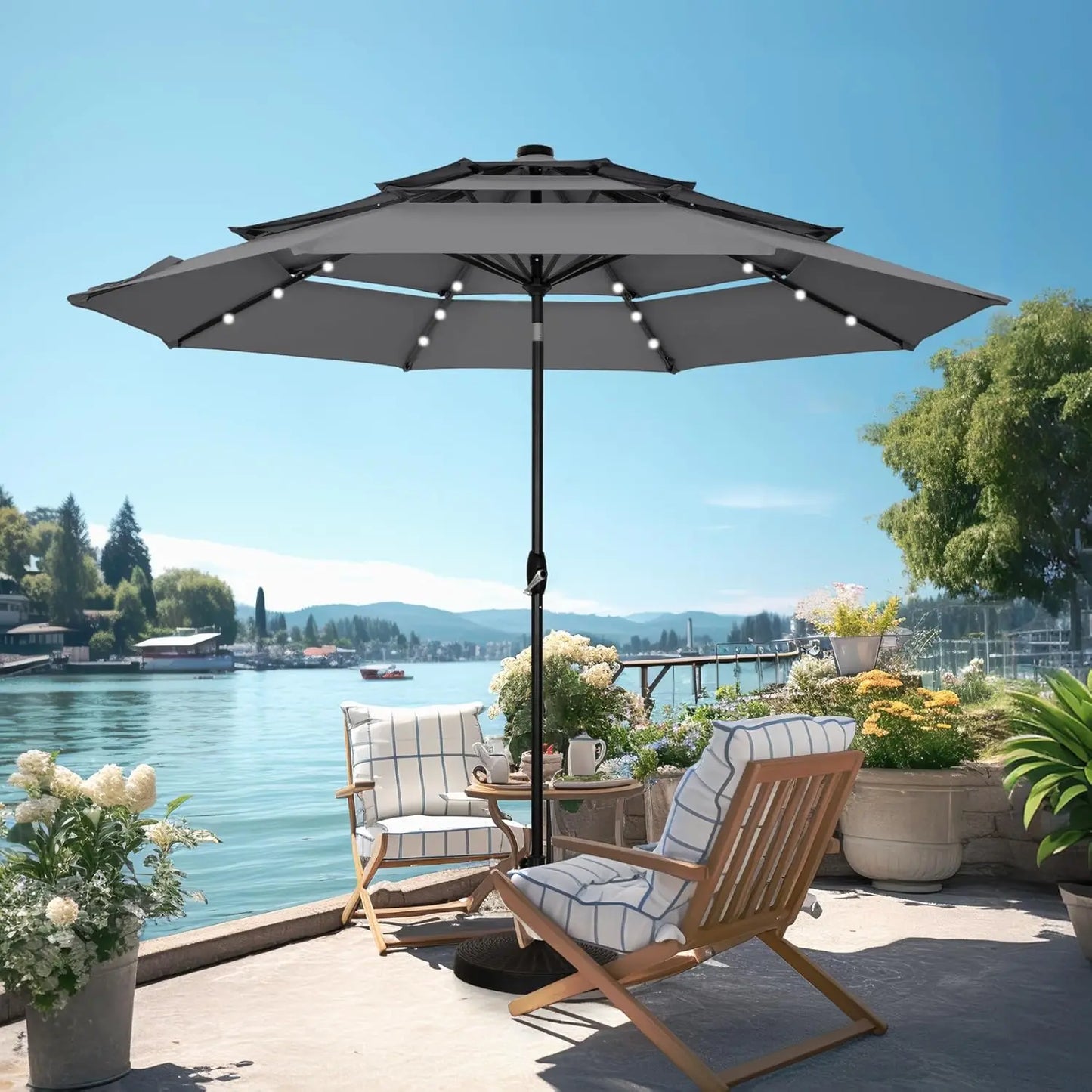 Patio Umbrella With Solar Lights For Outdoor Market Table