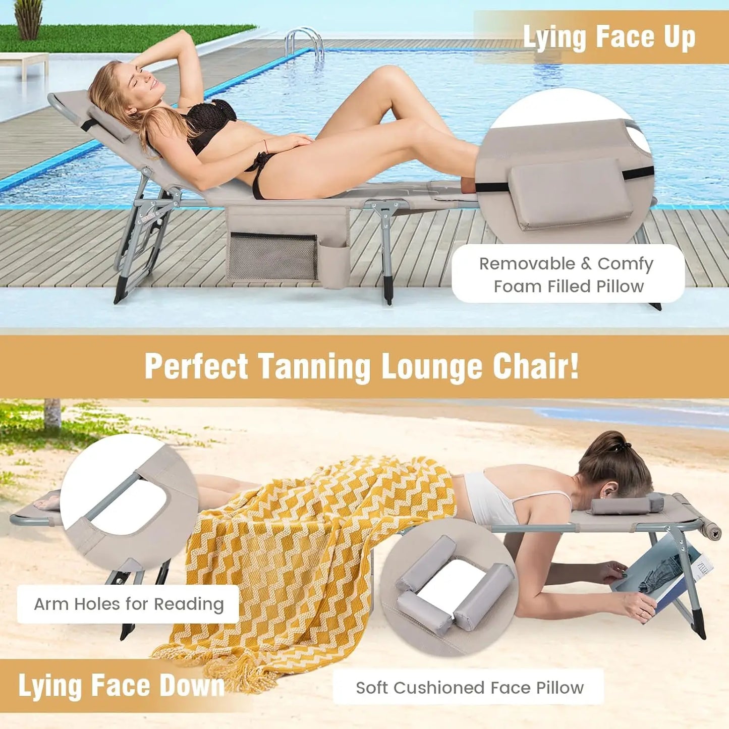 Sunbathing Beach Lounge Folding Chair With Face Arm Hole Strap