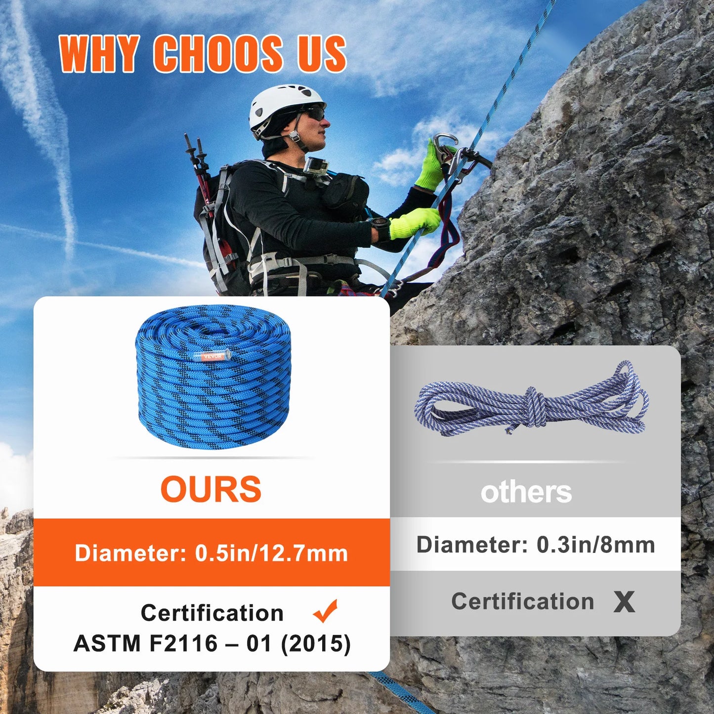 VEVOR Static Climbing Rope 32kN Break Strength With Steel Snap Hooks