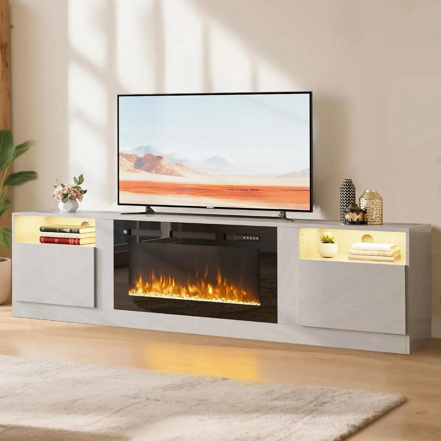Modern TV Stand With Electric Fireplace And Storage Cabinet