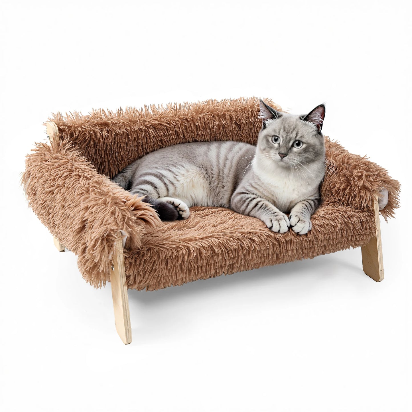 Raised Plush Cat Sofa Bed With Sturdy Wooden Legs Cozy