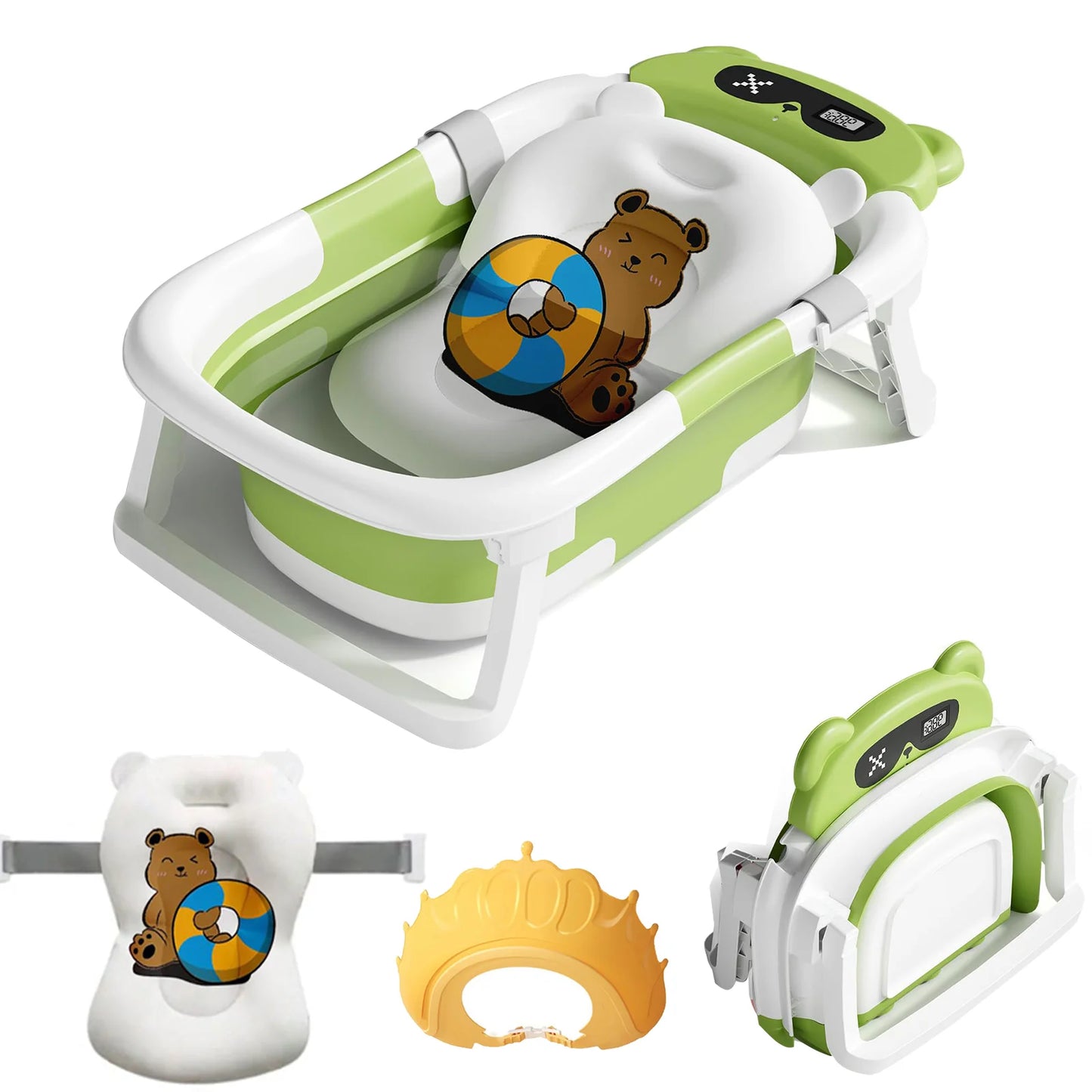 Foldable Baby Bath Tub With Cushion And Thermometer And Shower Cap And Brush