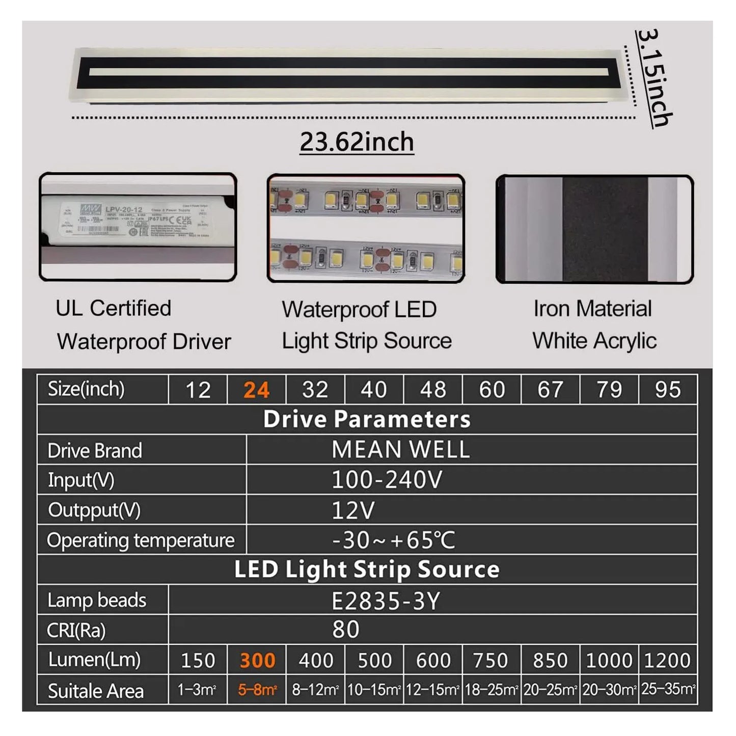 Outdoor Long Strip Modern LED Wall Sconce Frosted Acrylic IP67
