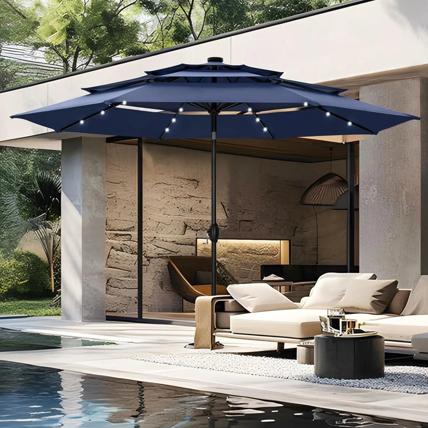 Patio Umbrella With Solar Lights For Outdoor Market Table