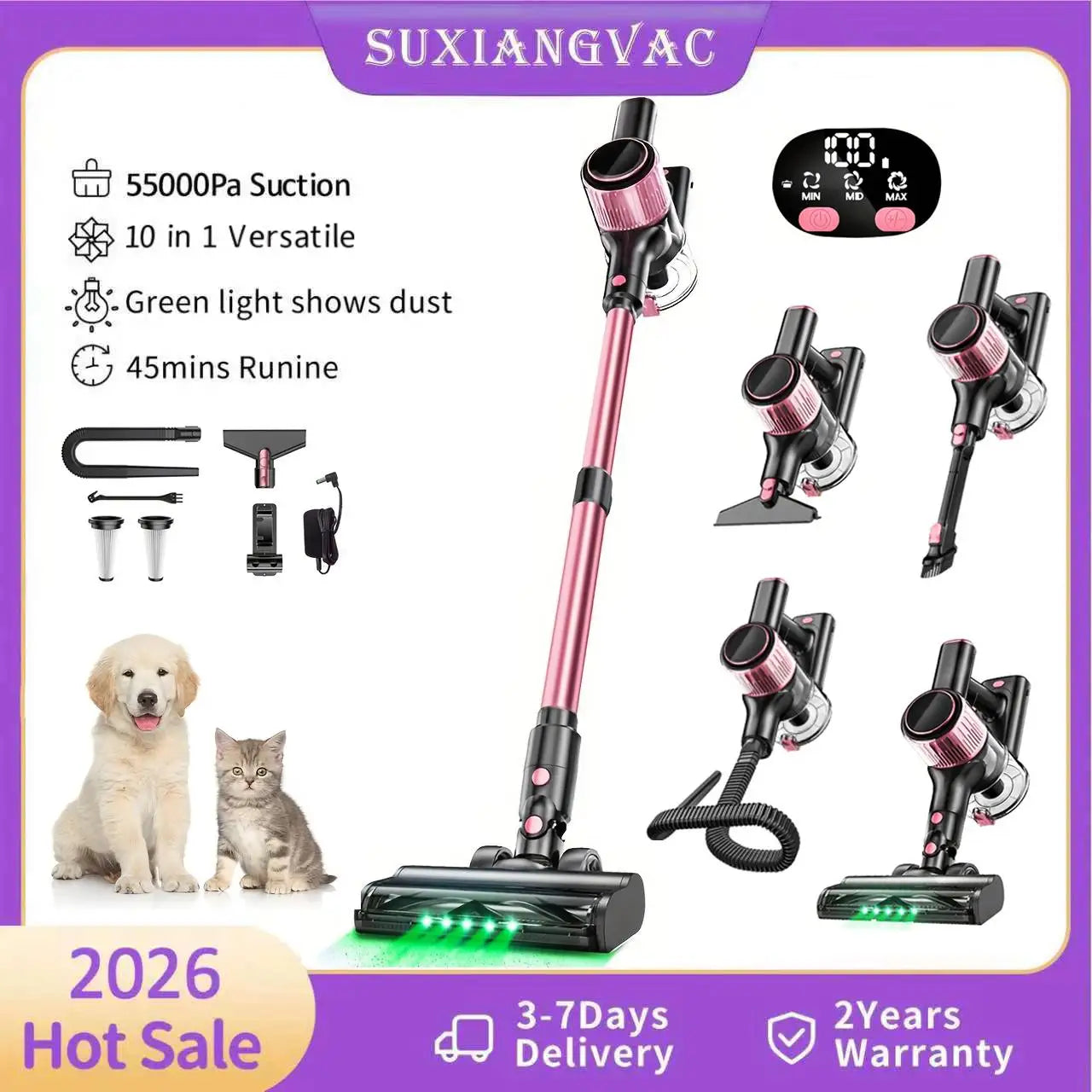 SUXIANGVAC Cordless 10 In 1 Stick Vacuum With 55Kpa Suction