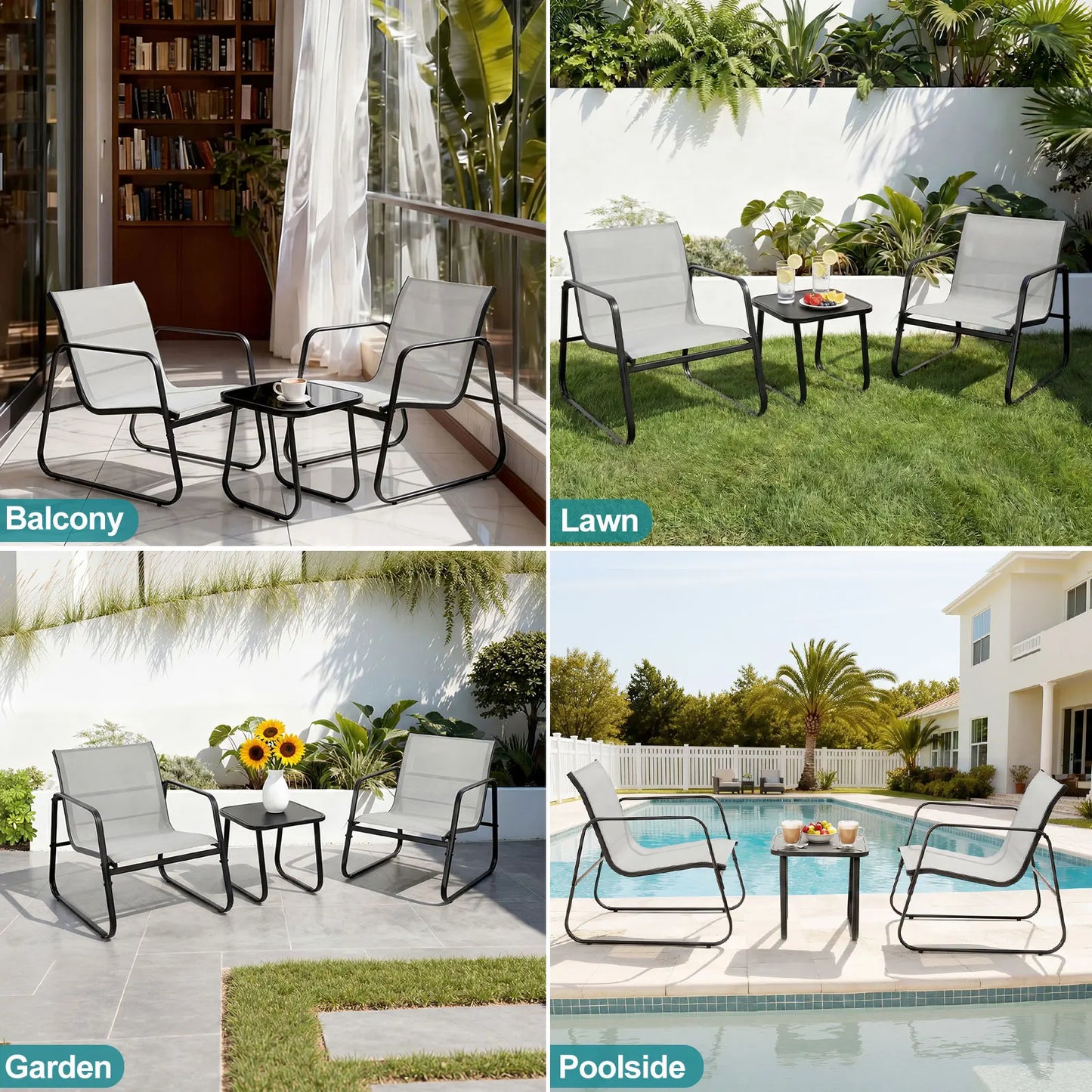 JHK Patio Furniture 3-Piece Set With Table Outdoor Metal Frame Lumbar Support