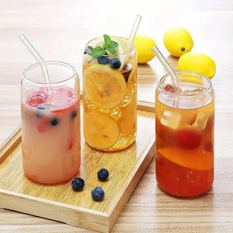 NONEDrinkware Drinking Glasses With Bamboo Lids And Glass Straws