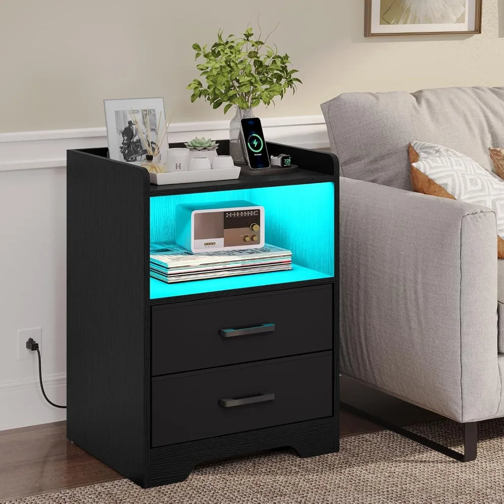 Two-Piece Bedside Nightstands With LED Lights And Charging Station