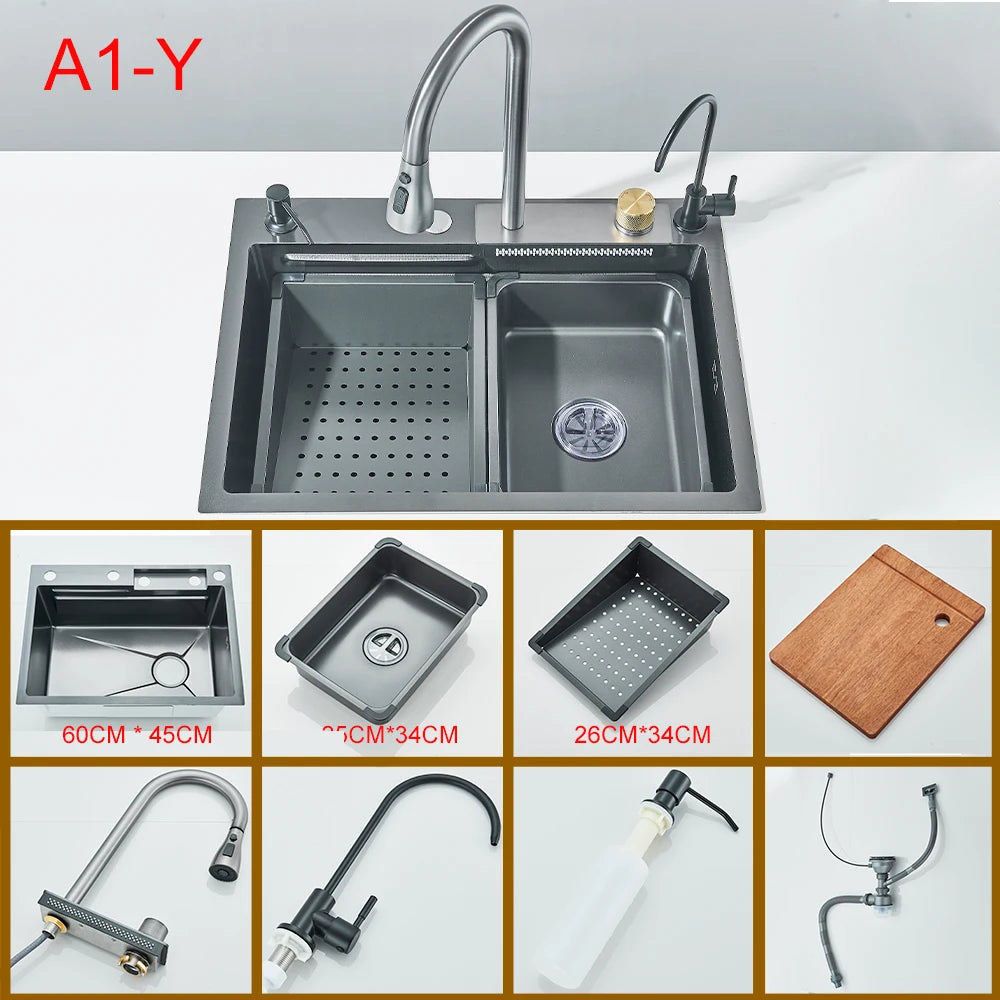 Waterfall Kitchen Sink With Digital Display 304 Stainless Steel