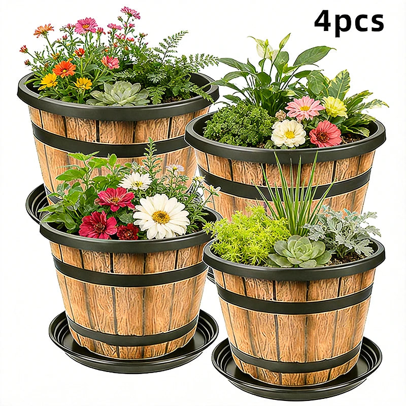 Resin Barrel Planter Indoor Outdoor Balcony Garden Decor