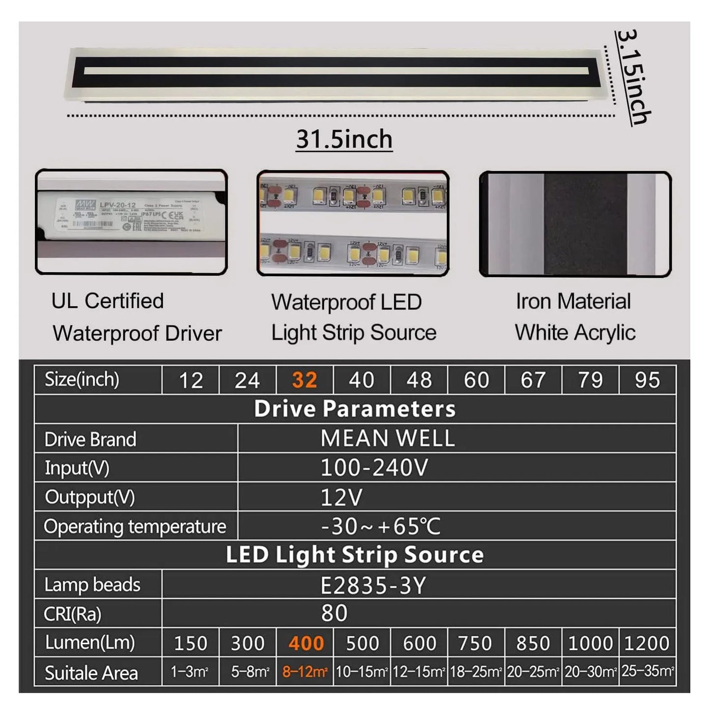Outdoor Long Strip Modern LED Wall Sconce Frosted Acrylic IP67
