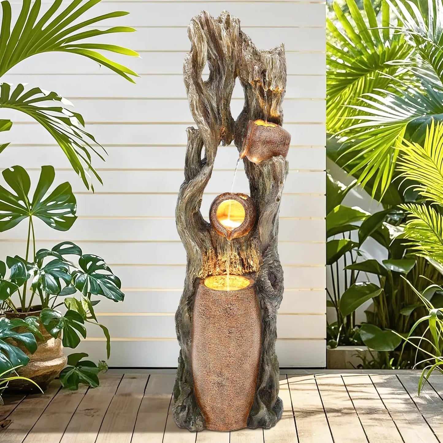 Outdoor Water Fountain With LED Lights 3-Tier Rainforest Waterfall