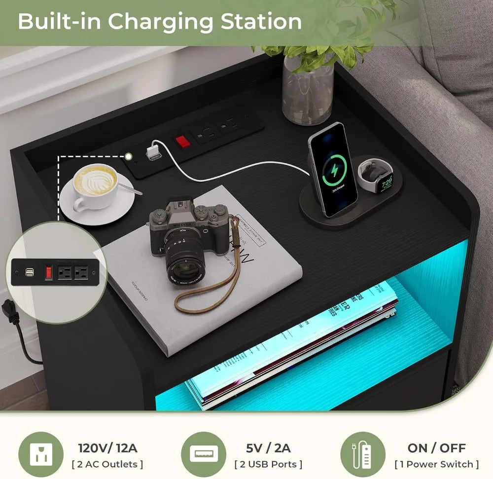 Two-Piece Bedside Nightstands With LED Lights And Charging Station
