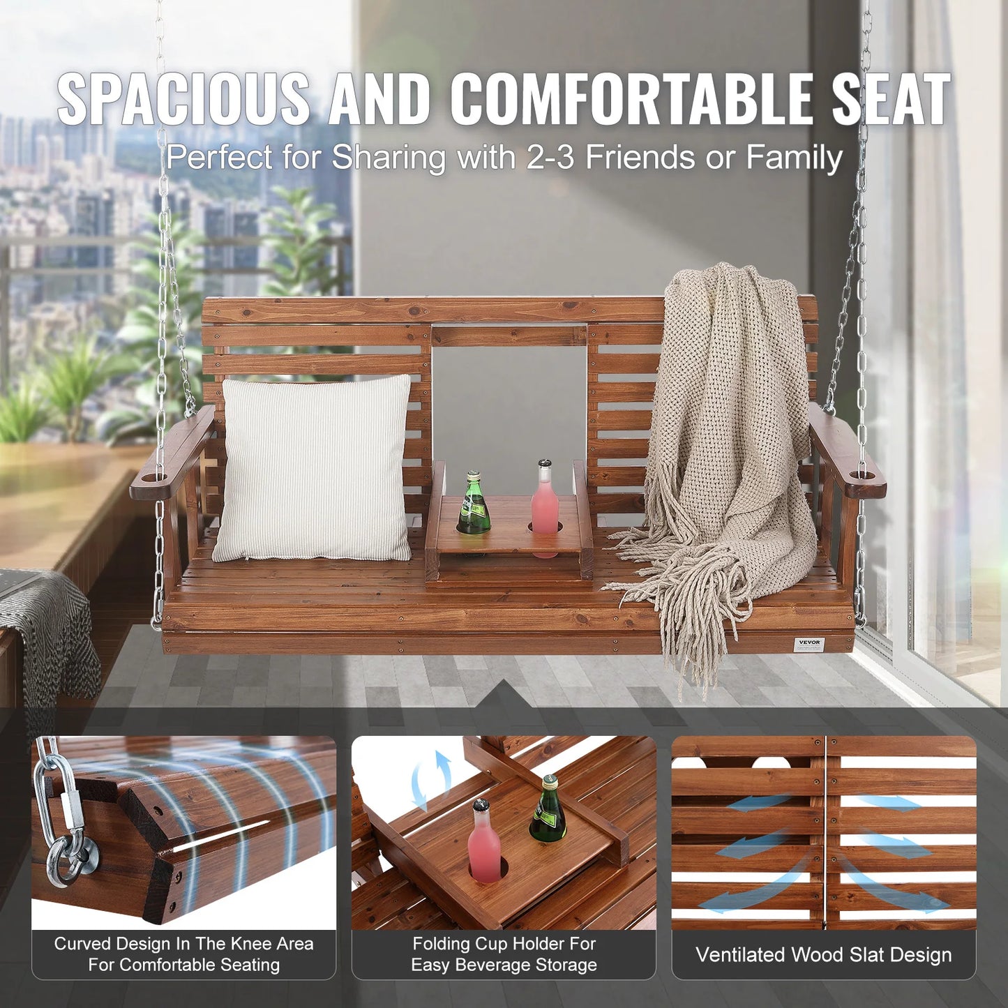 SucceBuy Wooden Porch Swing Outdoor Cedar Bench Seat