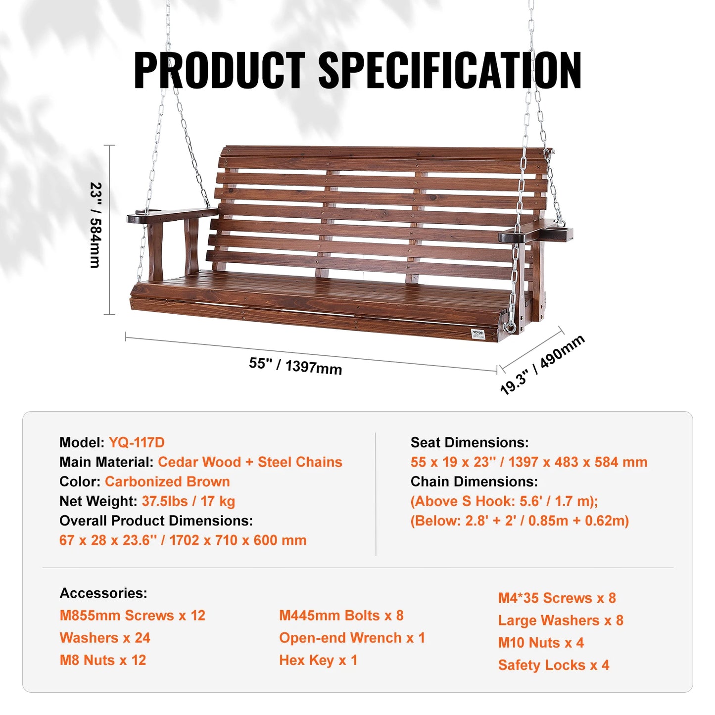 SucceBuy Wooden Porch Swing Outdoor Cedar Bench Seat