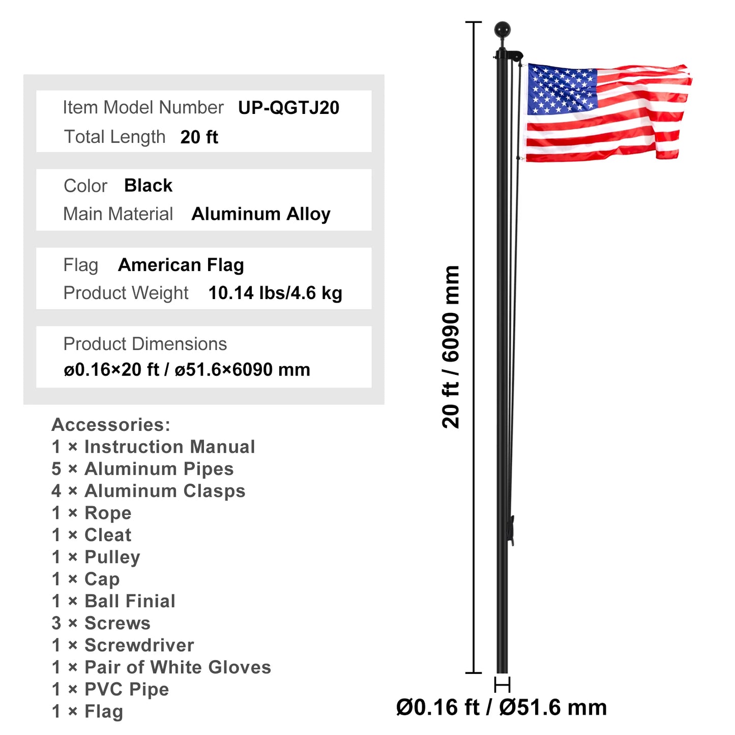 SucceBuy Heavy Duty Aluminum Flagpole Kit With American Flag