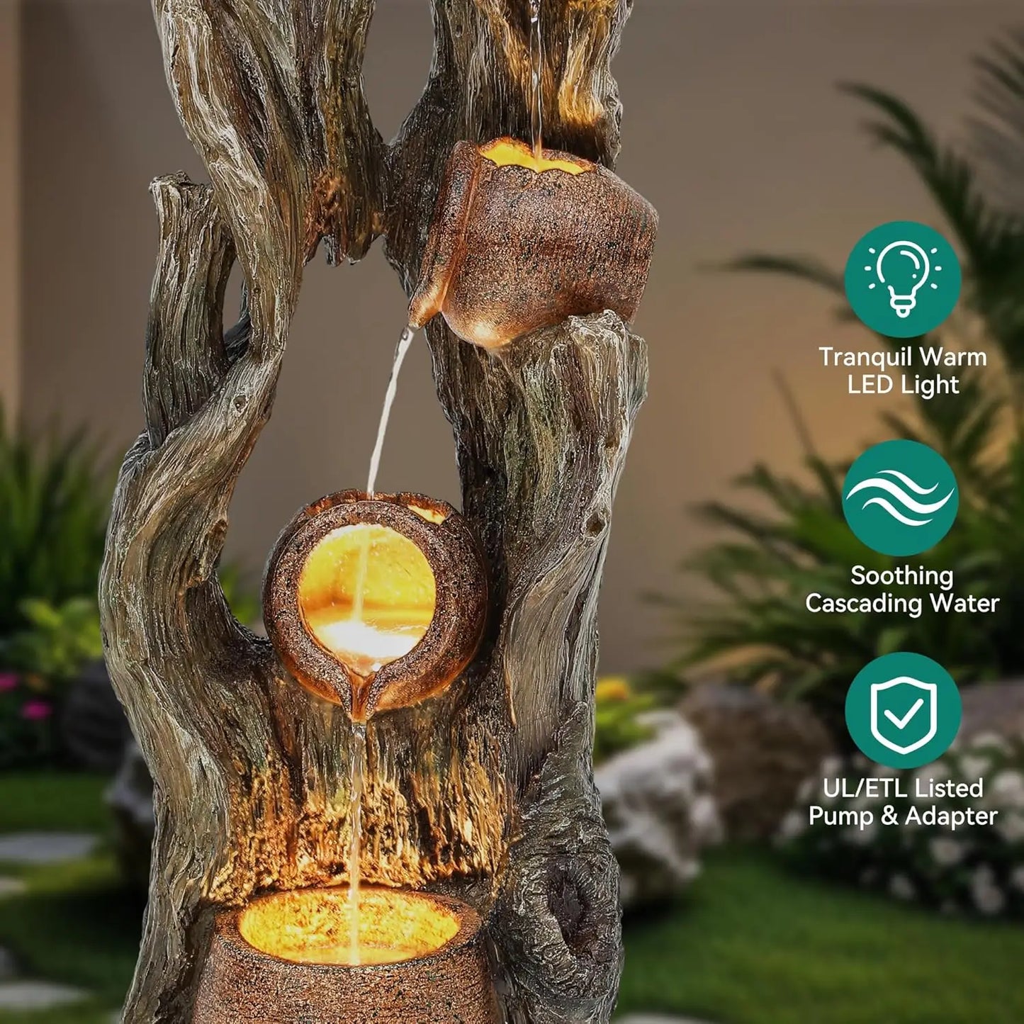 Outdoor Water Fountain With LED Lights 3-Tier Rainforest Waterfall