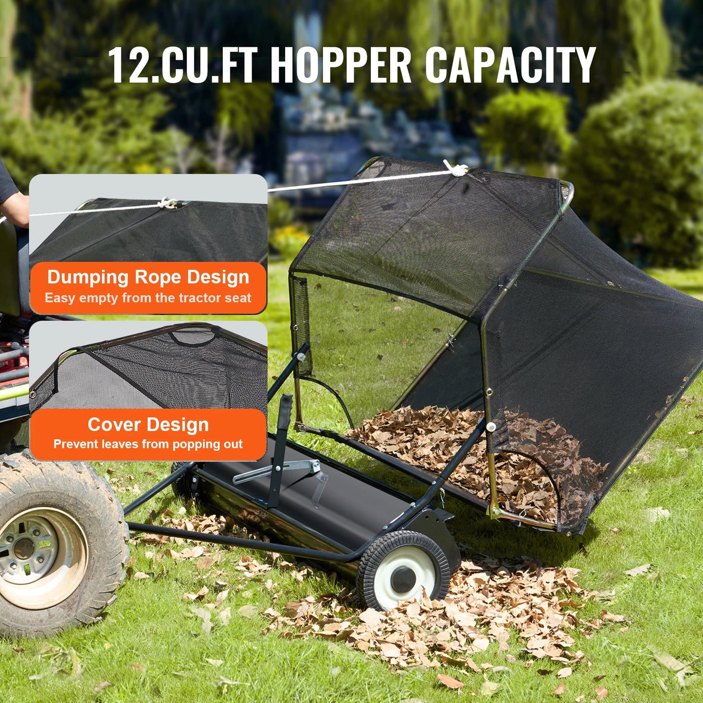 SucceBuy Tow Behind Lawn Sweeper 12 Cu Ft Debris Collector