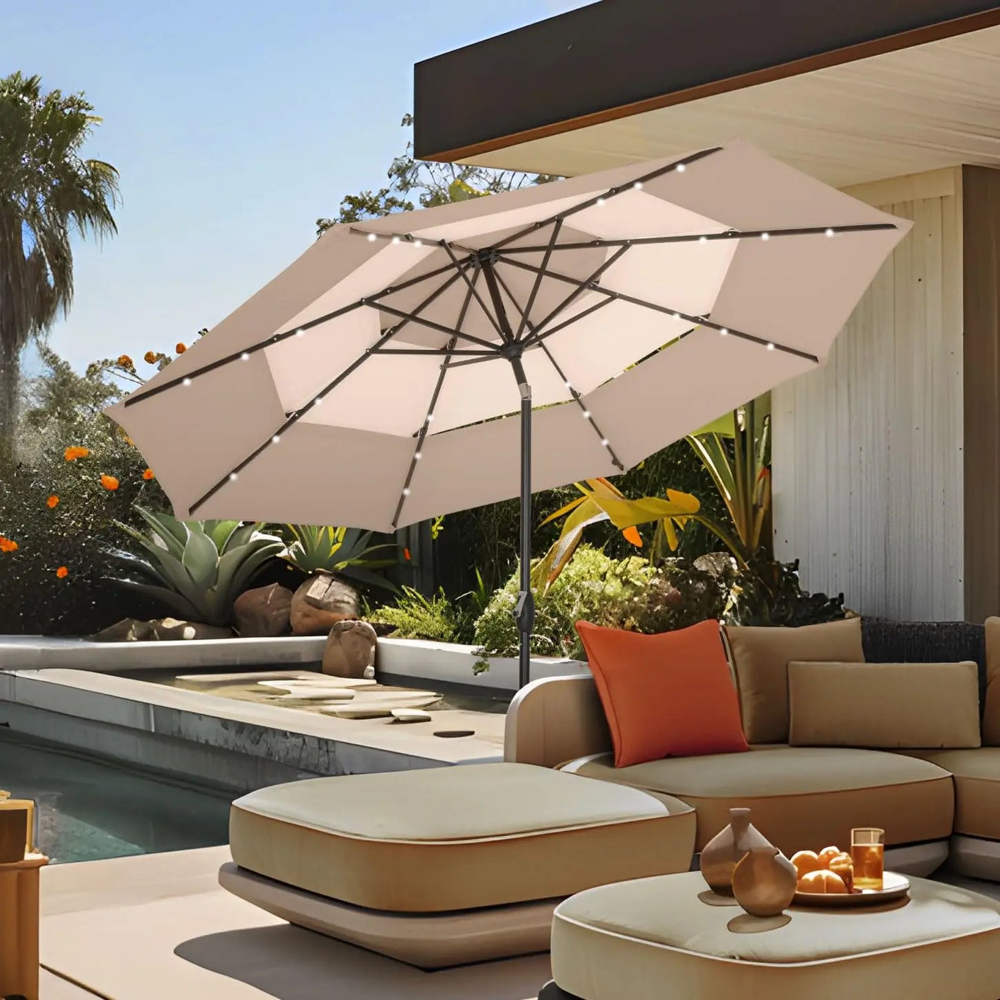 Patio Umbrella With Solar Lights For Outdoor Market Table