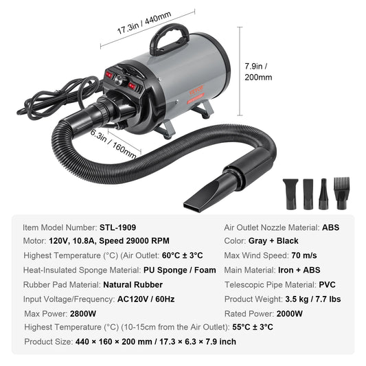 SucceBuy 2000W Dog Blow Dryer With Adjustable Speed And Temperature