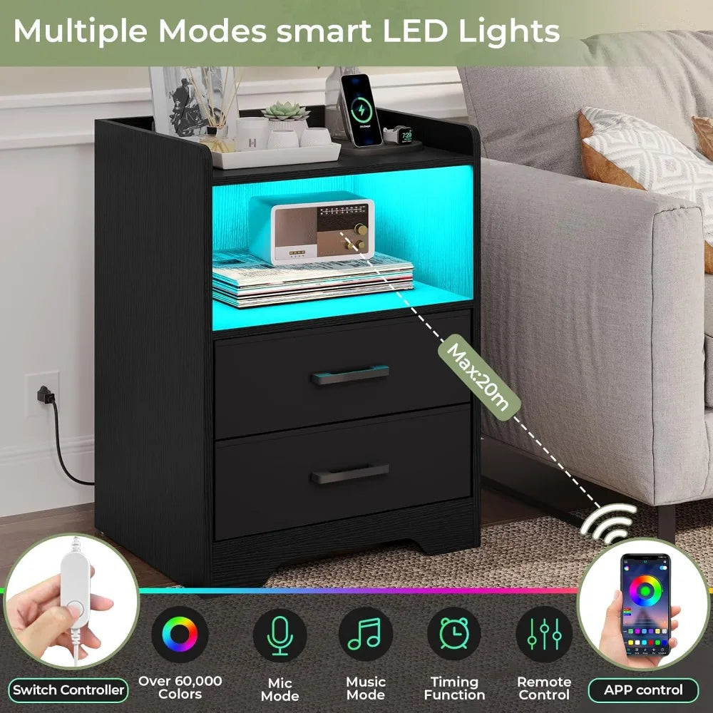 Two-Piece Bedside Nightstands With LED Lights And Charging Station