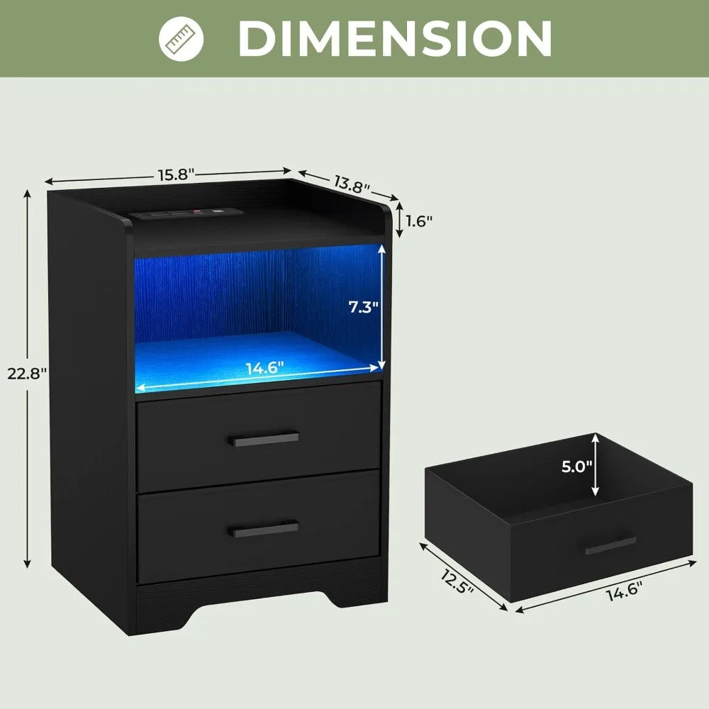 Two-Piece Bedside Nightstands With LED Lights And Charging Station