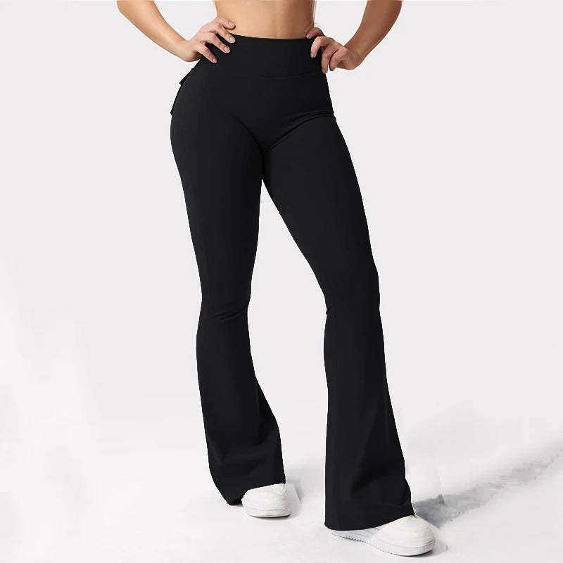 Women's Yoga Flare Trousers High-Waisted Tummy-Control Wide-Leg With Pockets