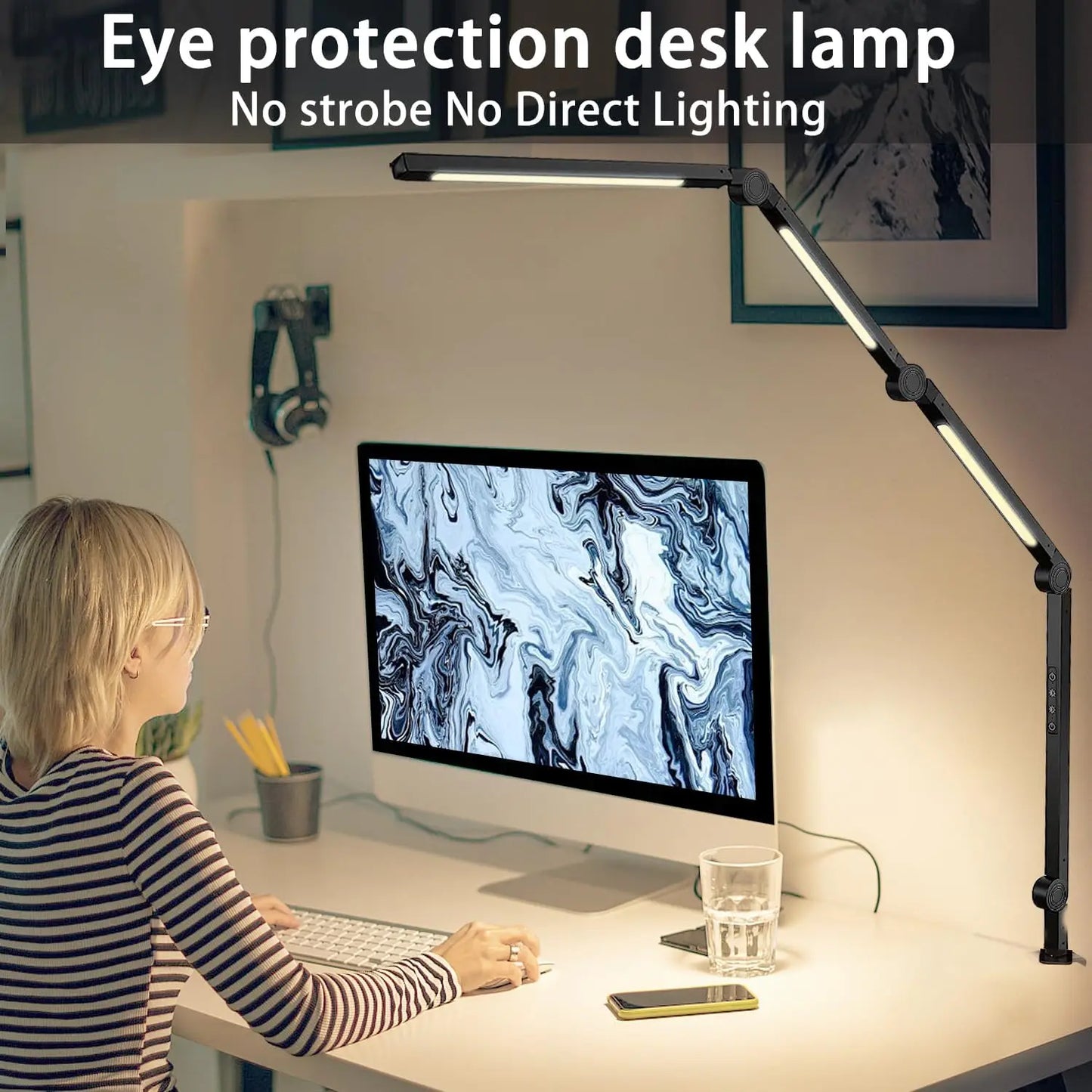 LED Desk Lamp with Clamp, Flexible Swing Arm, Dimmable