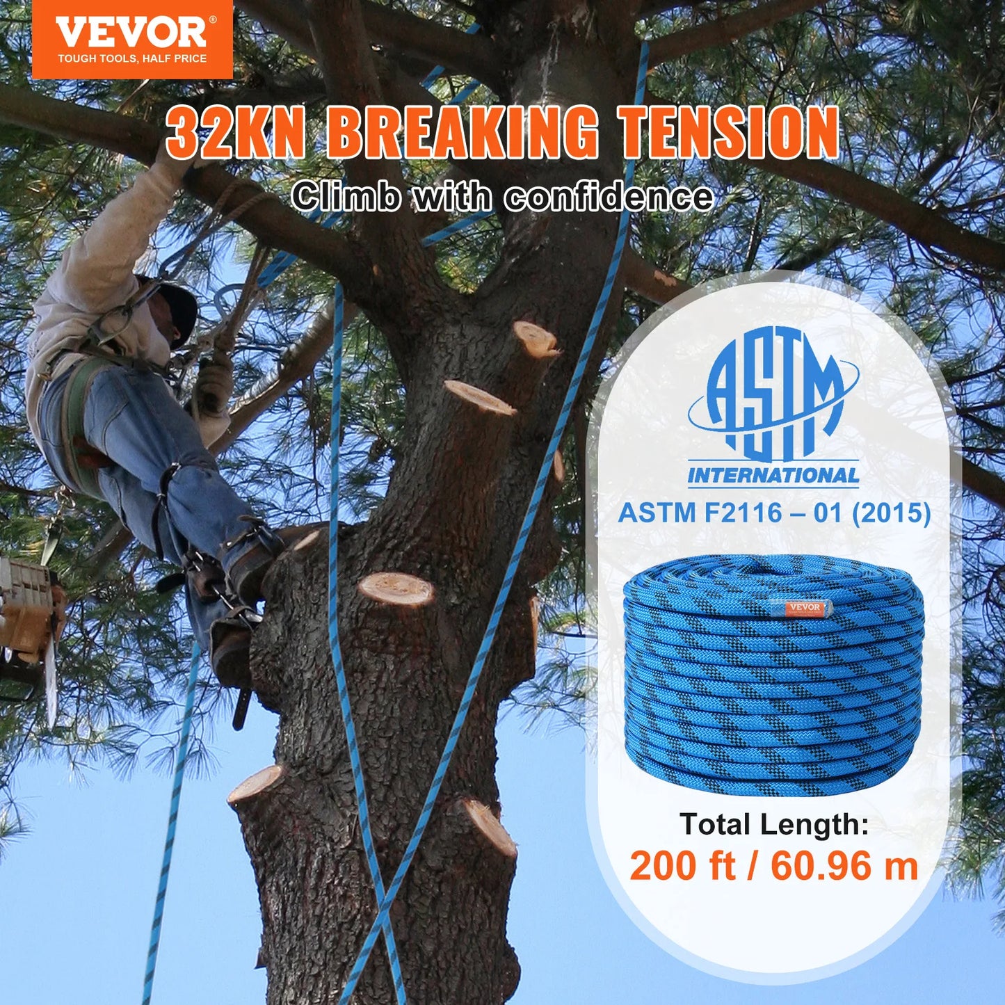 VEVOR Static Climbing Rope 32kN Break Strength With Steel Snap Hooks