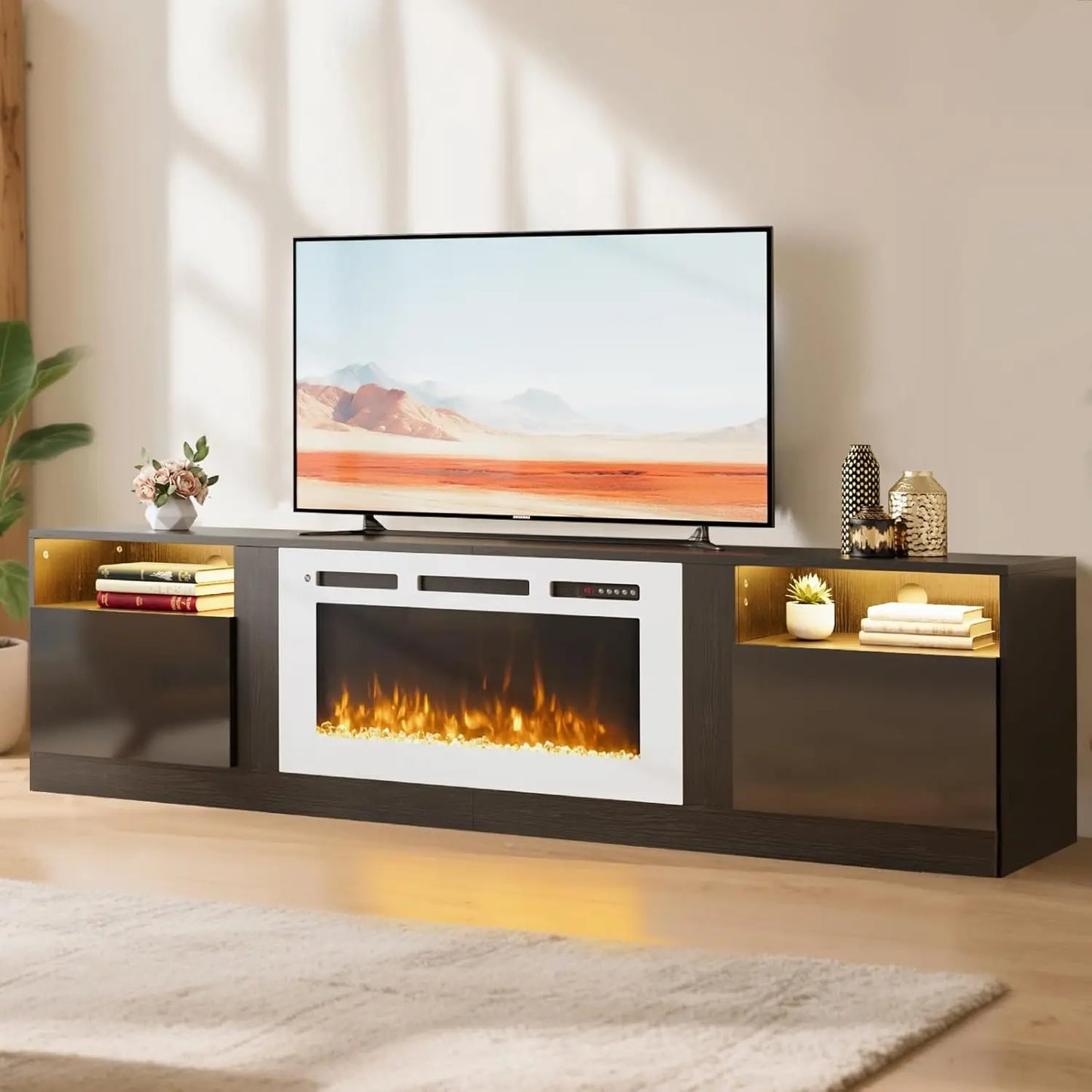 Modern TV Stand With Electric Fireplace And Storage Cabinet