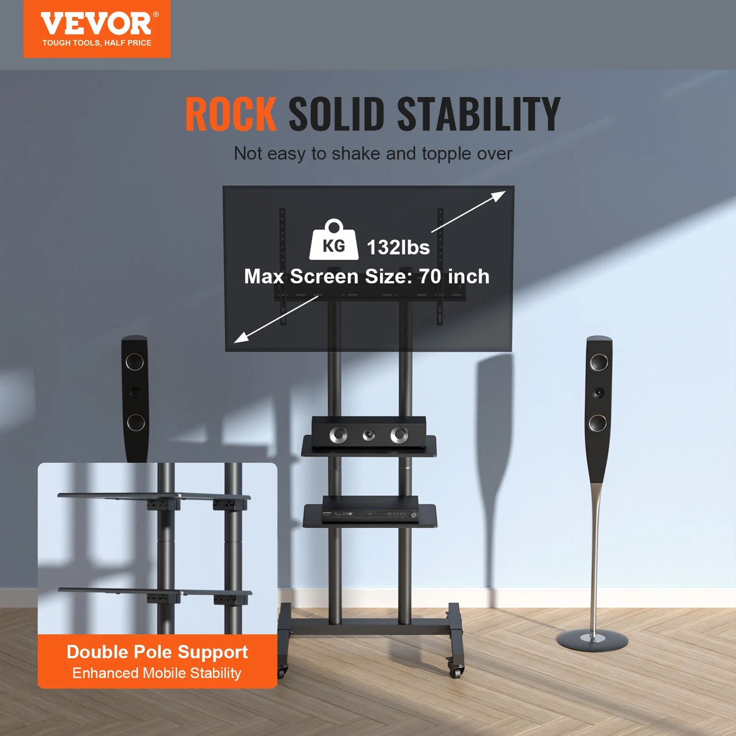 VEVOR Mobile TV Stand With Wheels And Adjustable Height