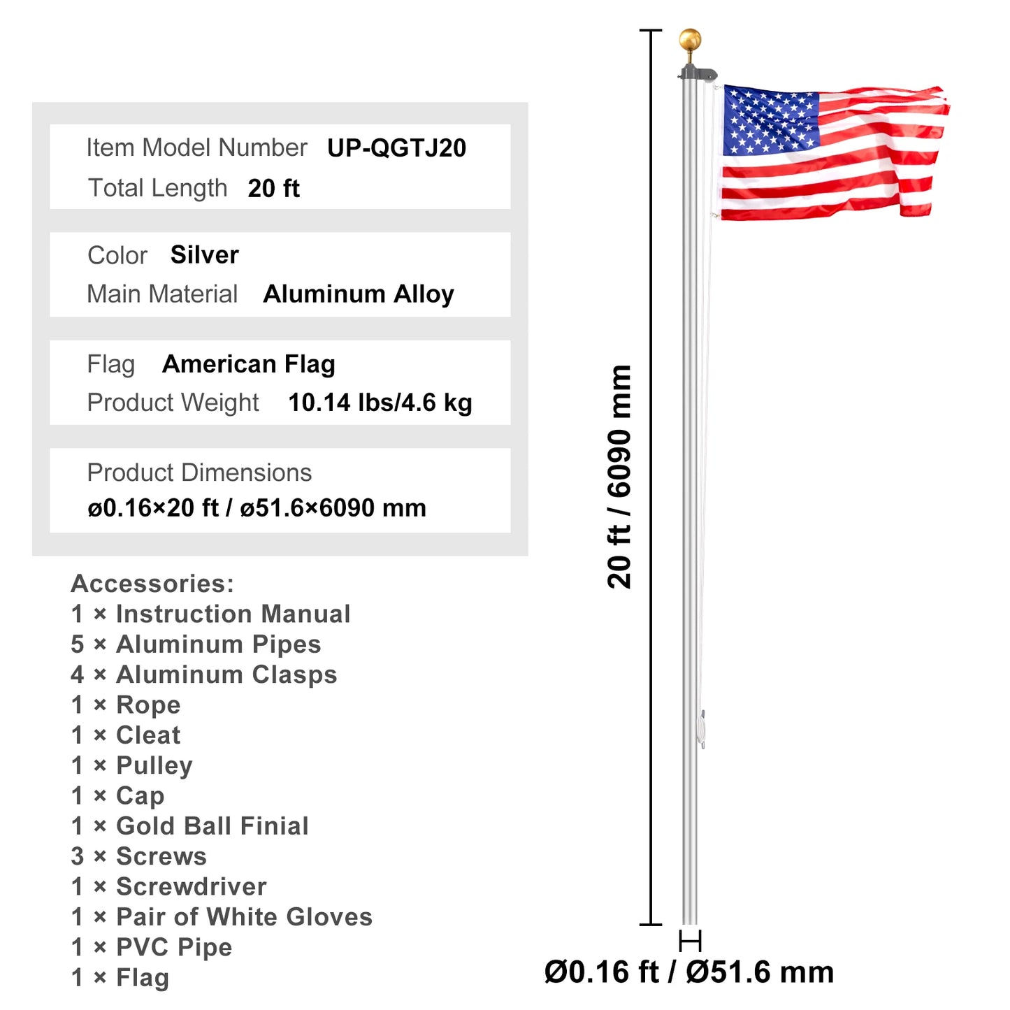 SucceBuy Heavy Duty Aluminum Flagpole Kit With American Flag