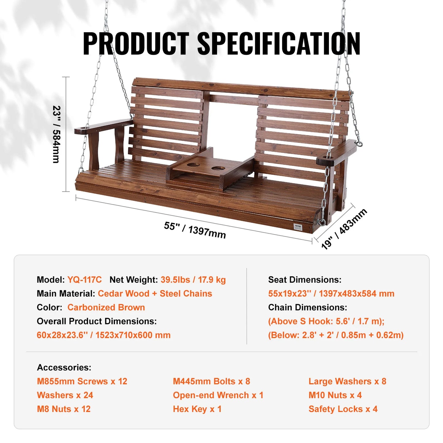 SucceBuy Wooden Porch Swing Outdoor Cedar Bench Seat