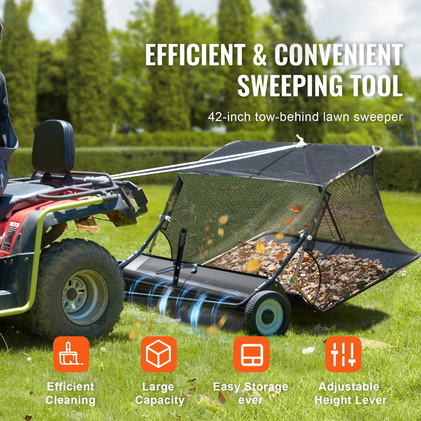 SucceBuy Tow Behind Lawn Sweeper 12 Cu Ft Debris Collector