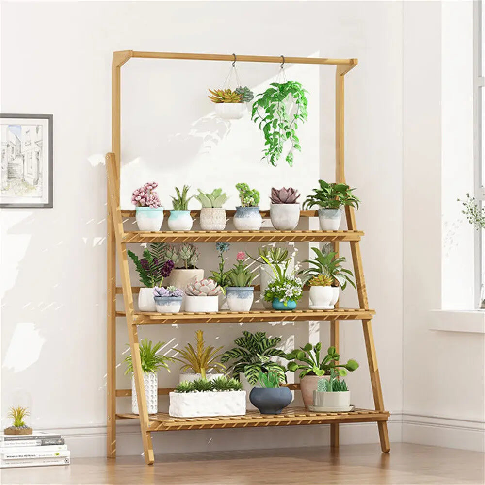 Folding Bamboo 3 Tier Plant Stand Ladder Style Indoor Outdoor