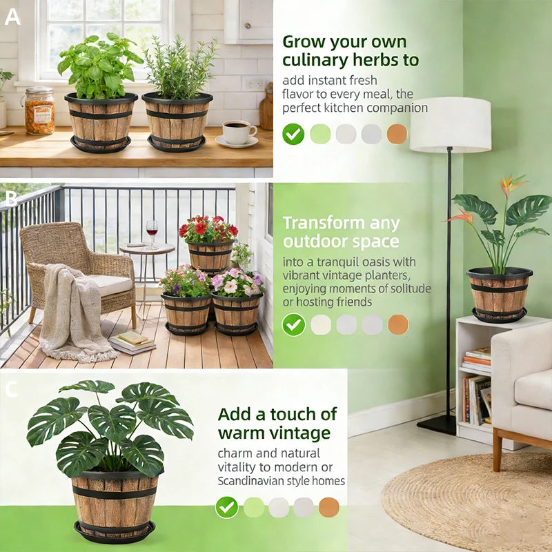 Resin Barrel Planter Indoor Outdoor Balcony Garden Decor