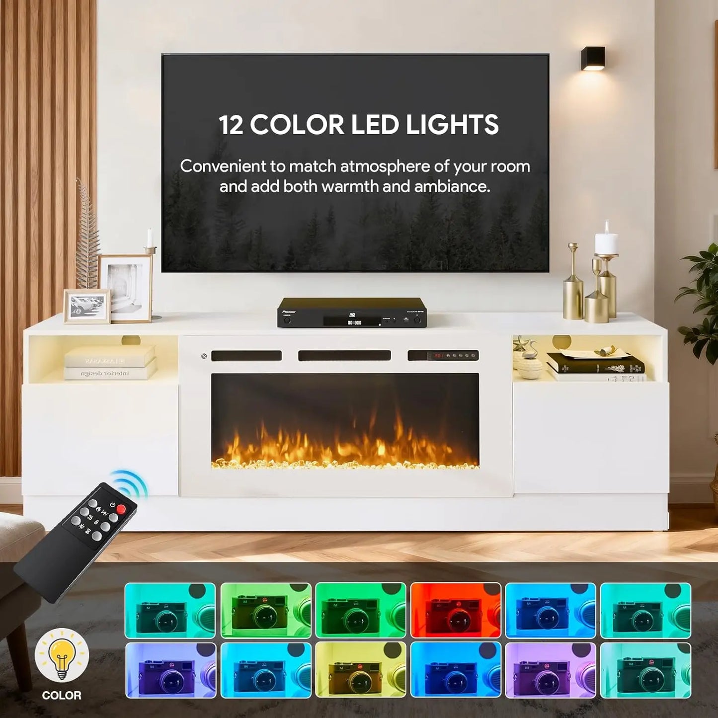 Modern TV Stand With Electric Fireplace And Storage Cabinet