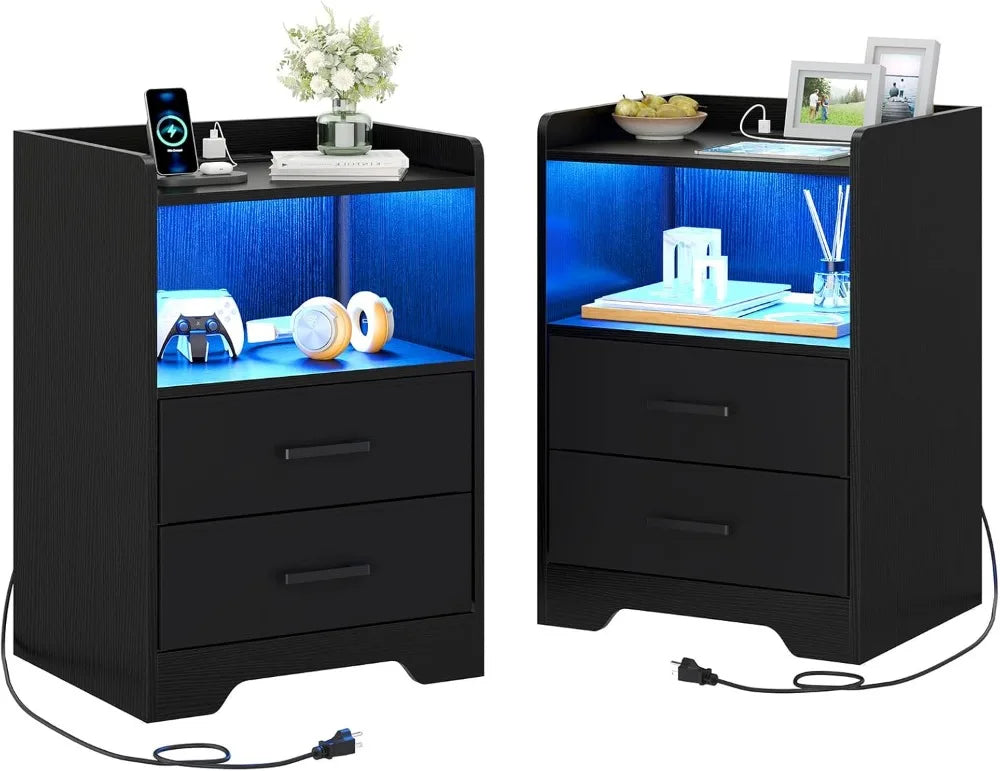 Two-Piece Bedside Nightstands With LED Lights And Charging Station