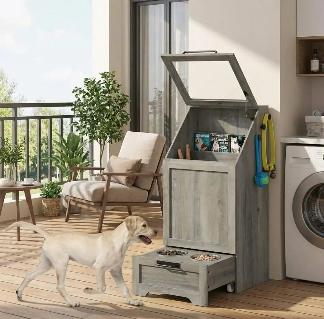 HiMISS Dog Food Station With Storage And Raised Bowls