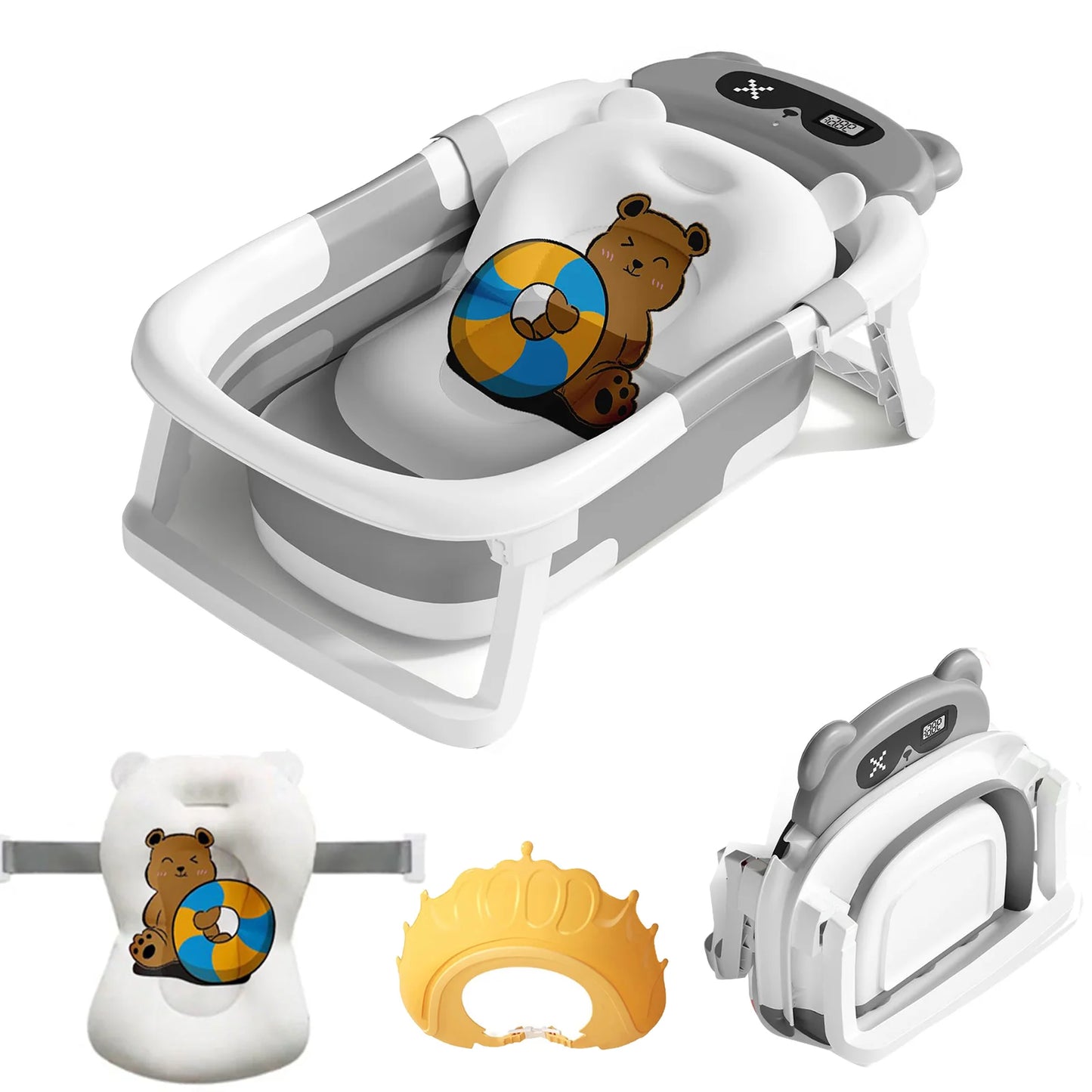 Foldable Baby Bath Tub With Cushion And Thermometer And Shower Cap And Brush