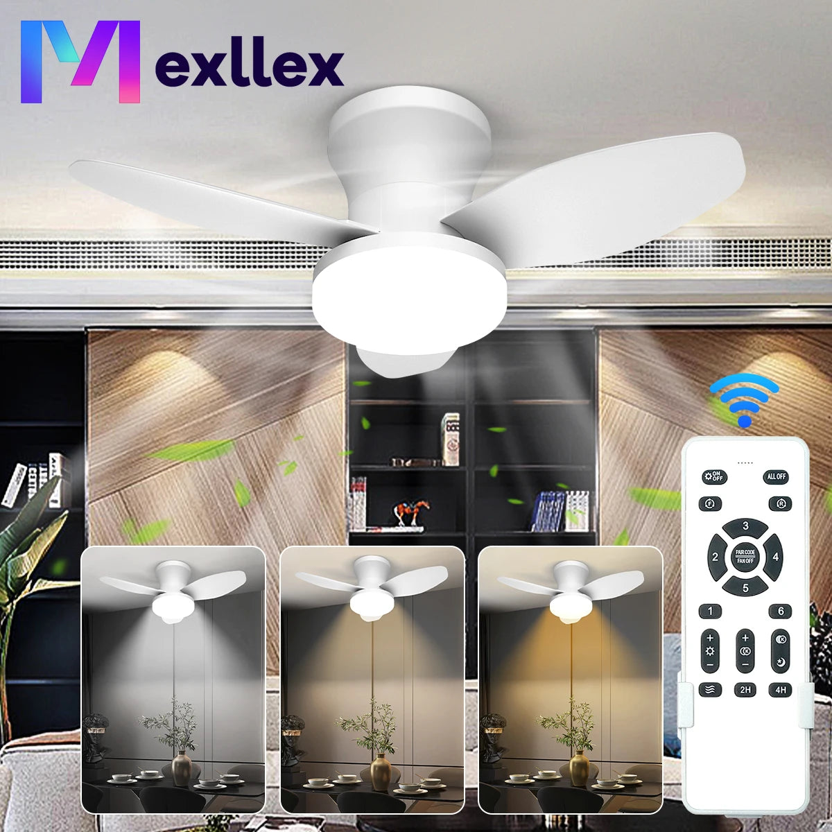 Mexllex Three Leaf Ceiling Fan With Light Remote Dimmable LED