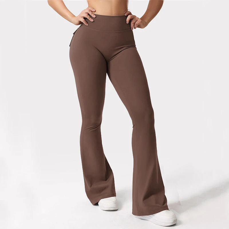 Women's Yoga Flare Trousers High-Waisted Tummy-Control Wide-Leg With Pockets