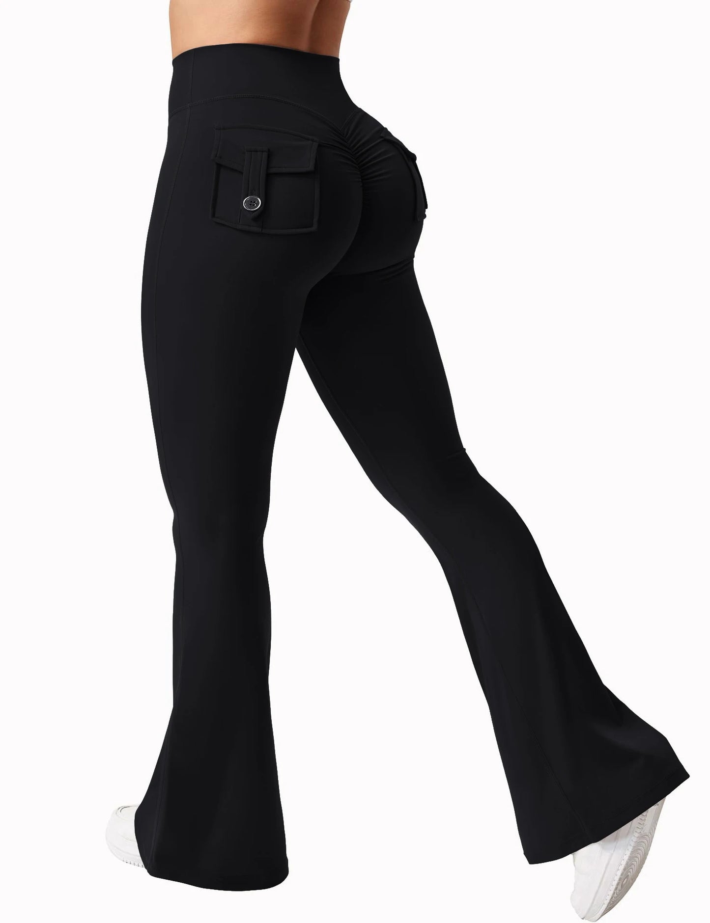 Women's Yoga Flare Trousers High-Waisted Tummy-Control Wide-Leg With Pockets