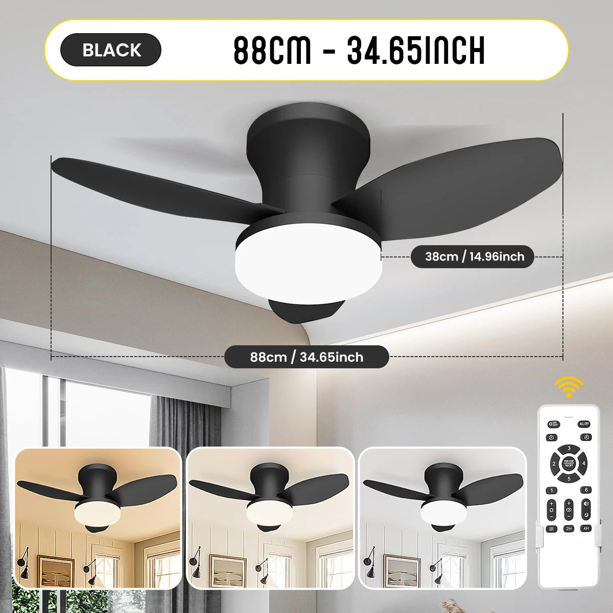 Mexllex Three Leaf Ceiling Fan With Light Remote Dimmable LED